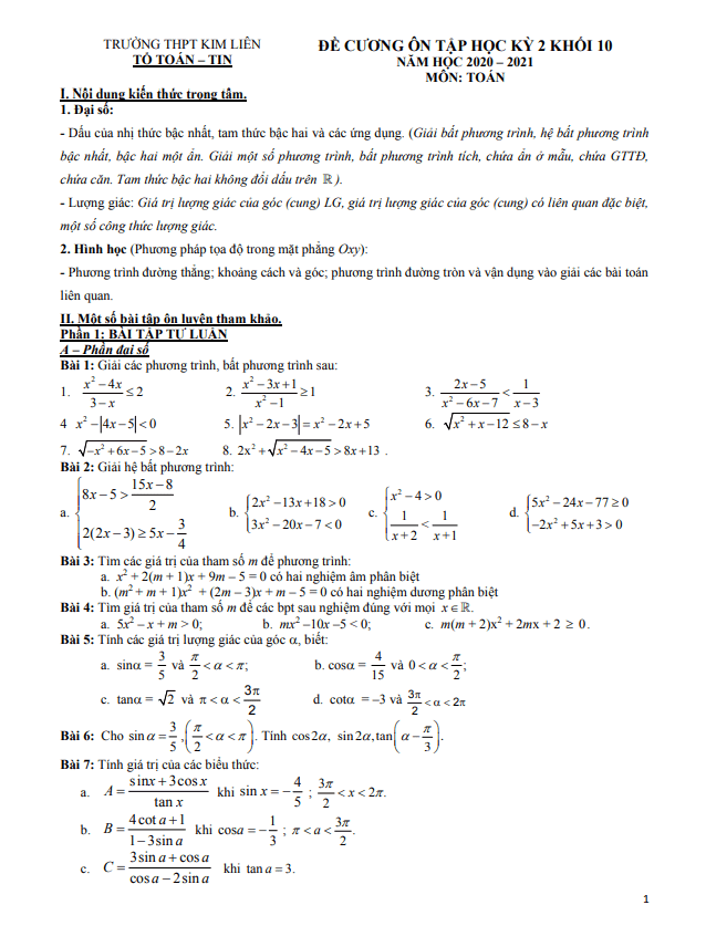 Đề cương ôn tập HK2 Toán 10 năm 2020 – 2021 trường THPT Kim Liên – Hà Nội