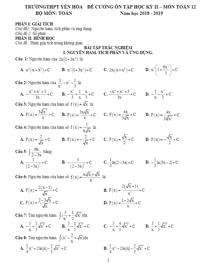 Đề cương ôn tập HK2 Toán 12 năm 2018 – 2019 trường THPT Yên Hòa – Hà Nội