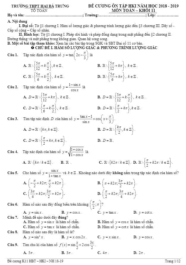Đề cương ôn tập HKI Toán 11 năm học 2018 – 2019 trường THPT Hai Bà Trưng – TT. Huế