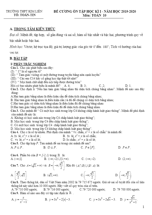 Đề cương ôn tập học kì 1 Toán 10 năm 2019 – 2020 trường Kim Liên – Hà Nội