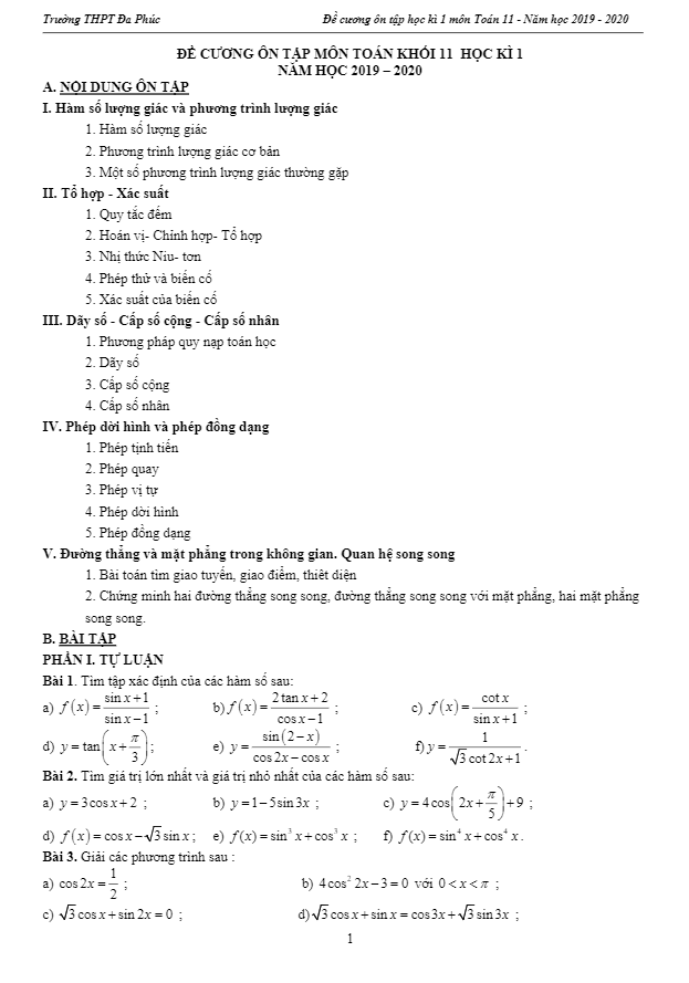 Đề cương ôn tập học kì 1 Toán 11 năm 2019 – 2020 trường Đa Phúc – Hà Nội