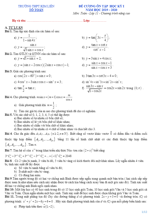 Đề cương ôn tập học kì 1 Toán 11 năm 2019 – 2020 trường Kim Liên – Hà Nội