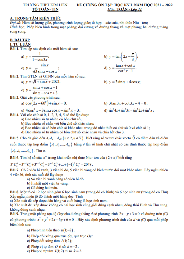 Đề cương ôn tập học kì 1 Toán 11 năm 2021 – 2022 trường THPT Kim Liên – Hà Nội