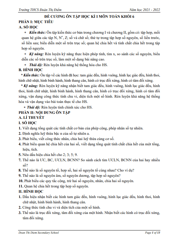 Đề cương ôn tập học kì 1 Toán 6 năm 2021 – 2022 trường THCS Đoàn Thị Điểm – Hà Nội