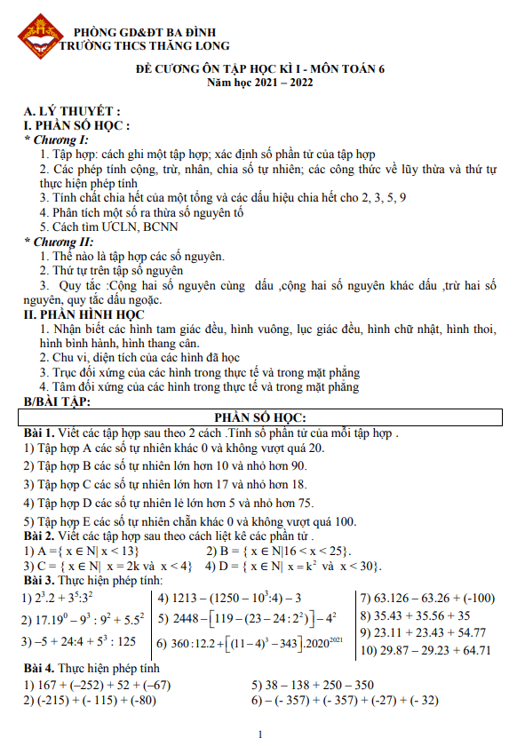 Đề cương ôn tập học kì 1 Toán 6 năm 2021 – 2022 trường THCS Thăng Long – Hà Nội