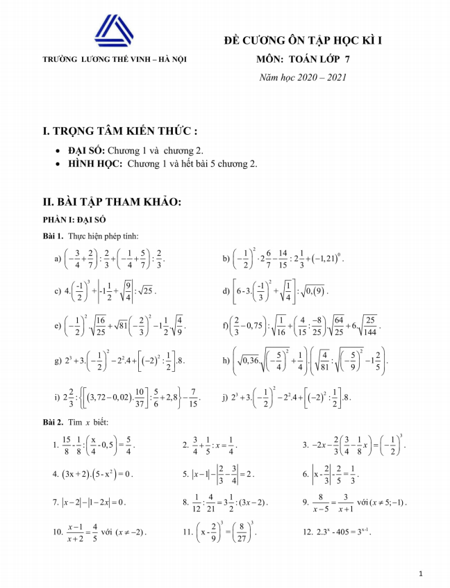 Đề cương ôn tập học kì 1 Toán 7 năm 2020 – 2021 trường Lương Thế Vinh – Hà Nội