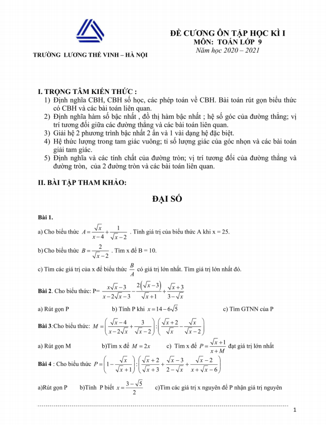 Đề cương ôn tập học kì 1 Toán 9 năm 2020 – 2021 trường Lương Thế Vinh – Hà Nội