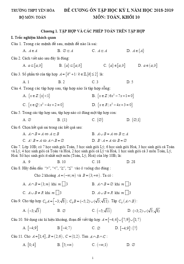 Đề cương ôn tập học kỳ 1 Toán 10 năm 2018 – 2019 trường THPT Yên Hòa – Hà Nội