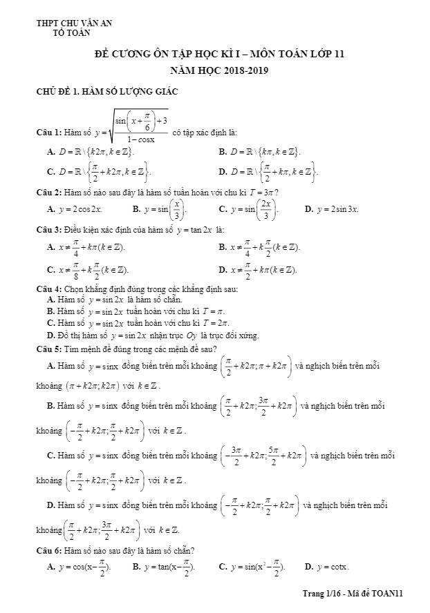Đề cương ôn tập học kỳ 1 Toán 11 năm 2018 – 2019 trường THPT Chu Văn An – Hà Nội