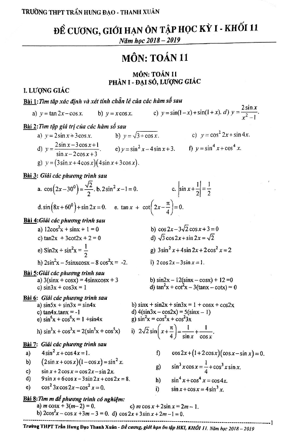 Đề cương ôn tập học kỳ 1 Toán 11 năm 2018 – 2019 trường Trần Hưng Đạo – Hà Nội