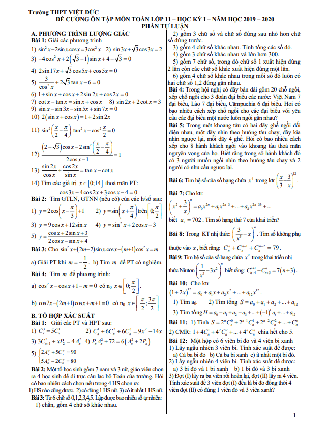 Đề cương ôn tập học kỳ 1 Toán 11 năm 2019 – 2020 trường THPT Việt Đức – Hà Nội