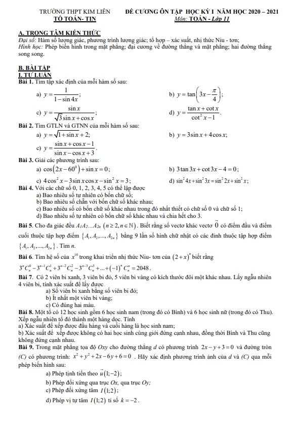 Đề cương ôn tập học kỳ 1 Toán 11 năm 2020 – 2021 trường THPT Kim Liên – Hà Nội