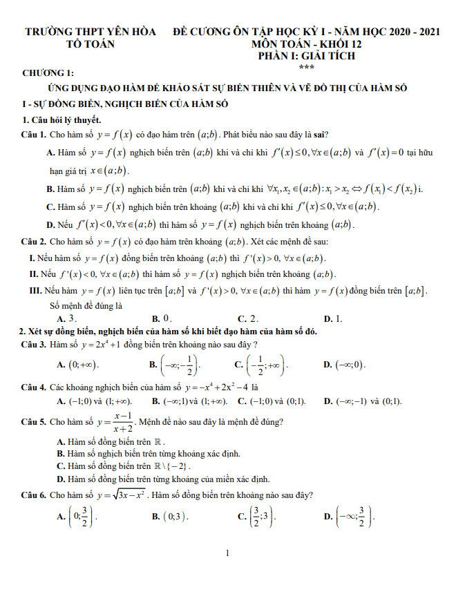 Đề cương ôn tập học kỳ 1 Toán 12 năm 2020 – 2021 trường THPT Yên Hòa – Hà Nội