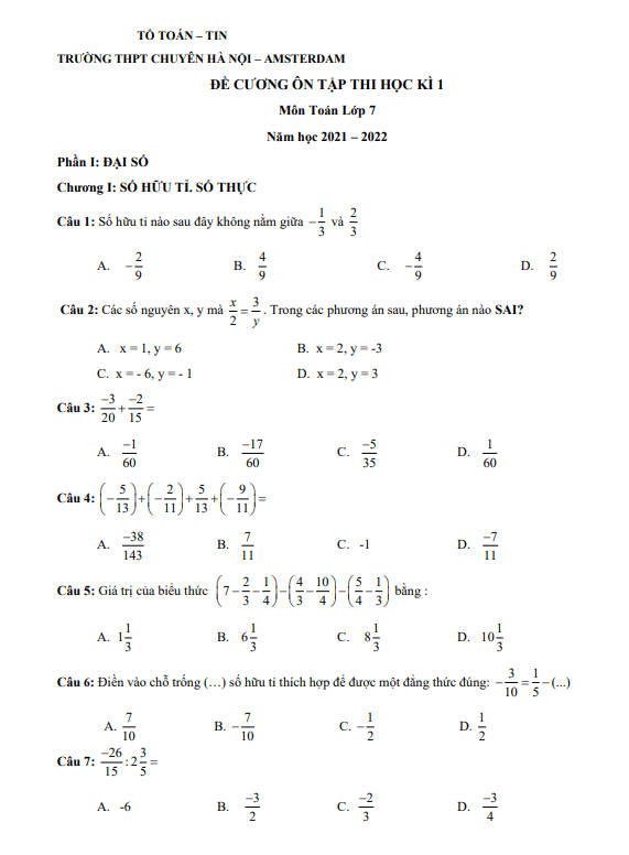 Đề cương ôn tập học kỳ 1 Toán 7 năm 2021 – 2022 trường chuyên Hà Nội – Amsterdam