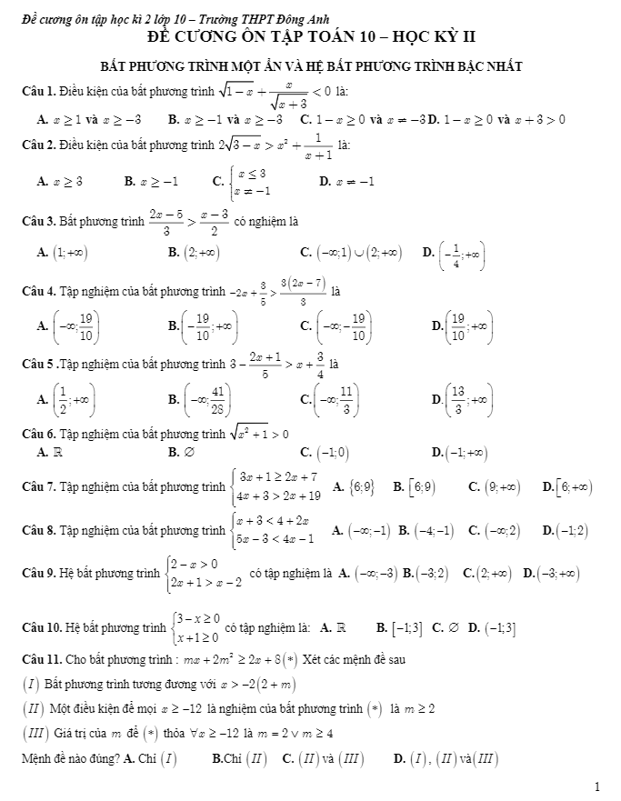 Đề cương ôn tập học kỳ 2 Toán 10 trường THPT Đông Anh – Hà Nội