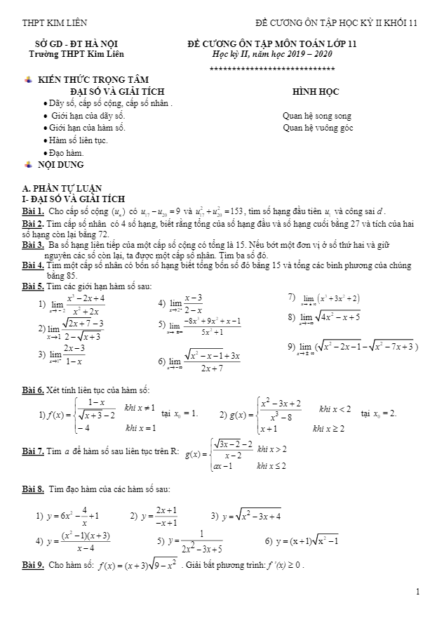 Đề cương ôn tập học kỳ 2 Toán 11 năm 2019 – 2020 trường THPT Kim Liên – Hà Nội
