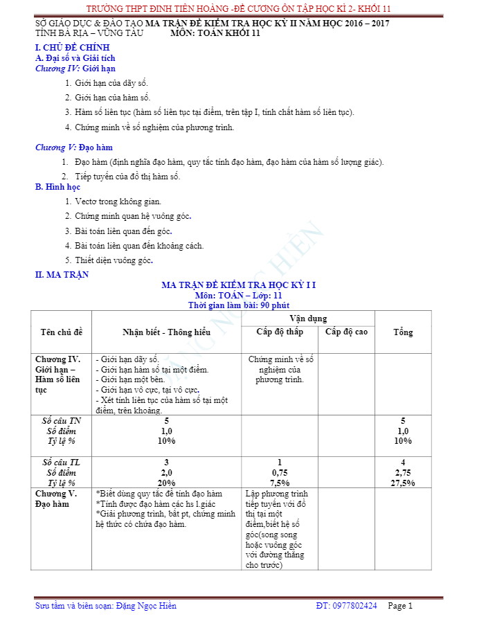 Đề cương ôn tập thi học kỳ 2 Toán 11 – Đặng Ngọc Hiền