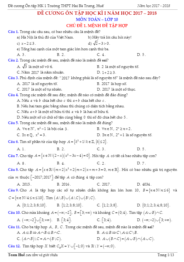 Đề cương ôn tập Toán 10 HK1 năm học 2017 – 2018 trường THPT Hai Bà Trưng – TT. Huế