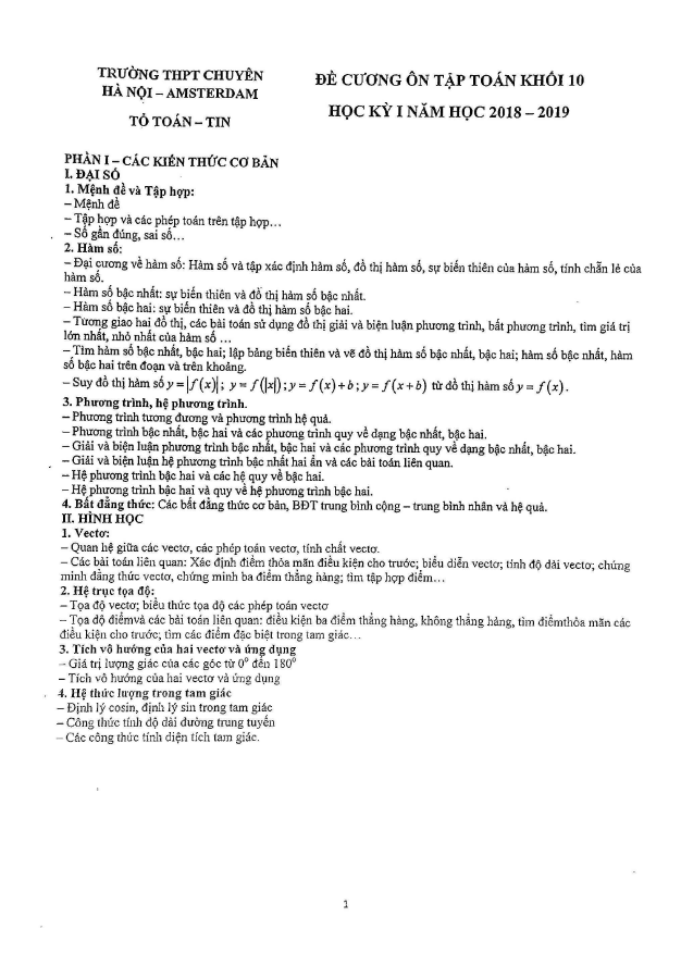 Đề cương ôn tập Toán 10 học kỳ 1 năm 2018 – 2019 trường THPT chuyên Hà Nội – Amsterdam