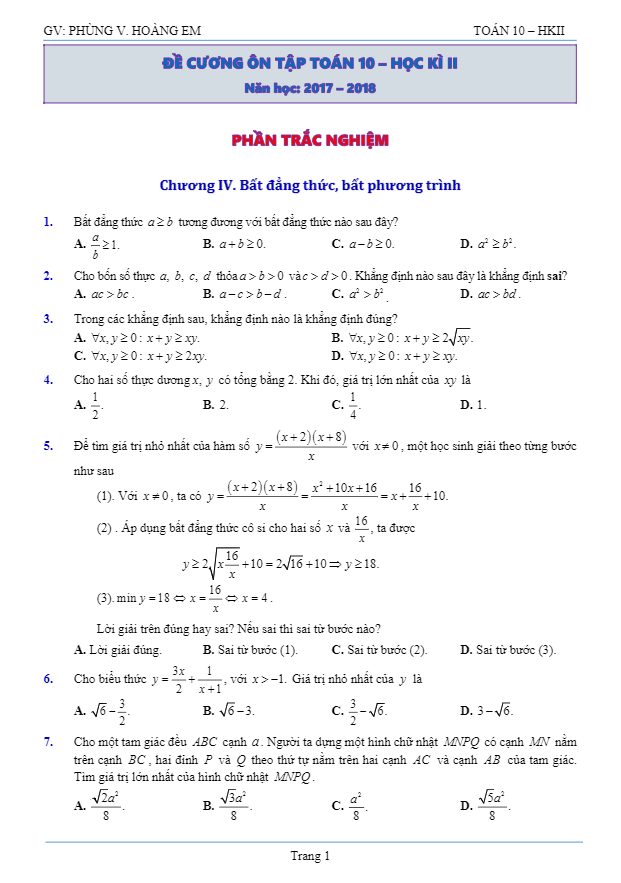 Đề cương ôn tập Toán 10 học kỳ 2 năm học 2017 – 2018 – Phùng Hoàng Em