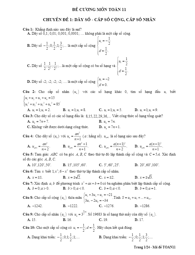 Đề cương ôn tập Toán 11 HK2 năm 2017 – 2018 trường Chu Văn An – Hà Nội