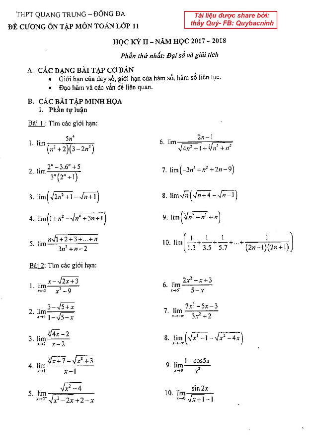 Đề cương ôn tập Toán 11 HK2 năm 2017 – 2018 trường Quang Trung – Hà Nội