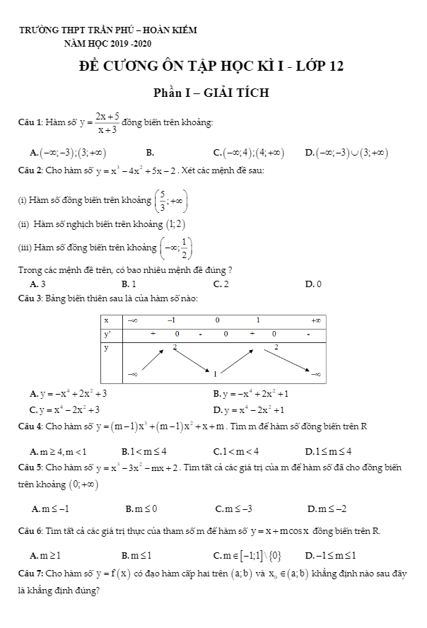 Đề cương ôn tập Toán 12 HKI năm 2019 – 2020 trường THPT Trần Phú – Hà Nội
