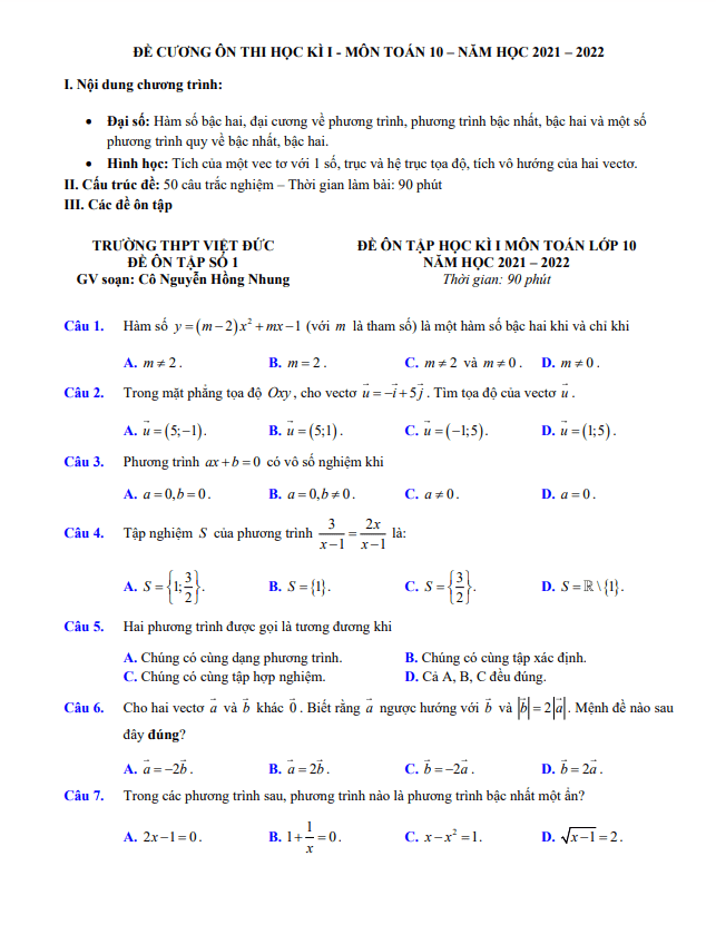 Đề cương ôn thi học kì 1 Toán 10 năm 2021 – 2022 trường THPT Việt Đức – Hà Nội