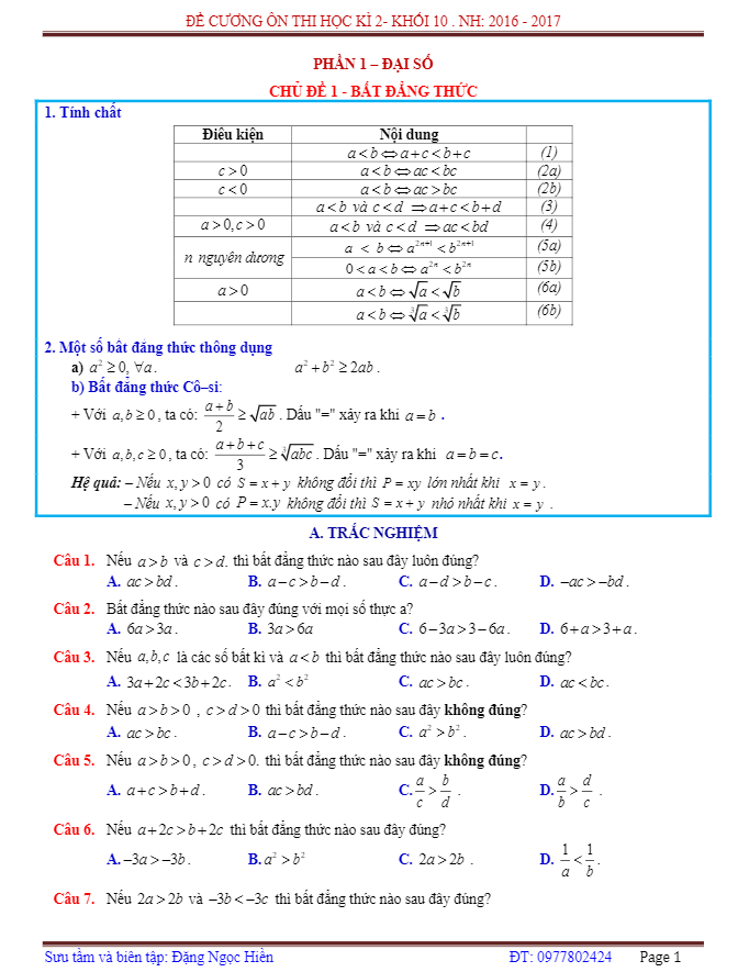 Đề cương ôn thi học kỳ 2 Toán 10 – Đặng Ngọc Hiền
