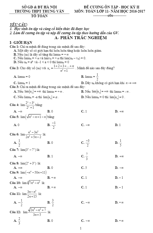 Đề cương ôn thi học kỳ 2 Toán 11 trường THPT Trung Văn – Hà Nội