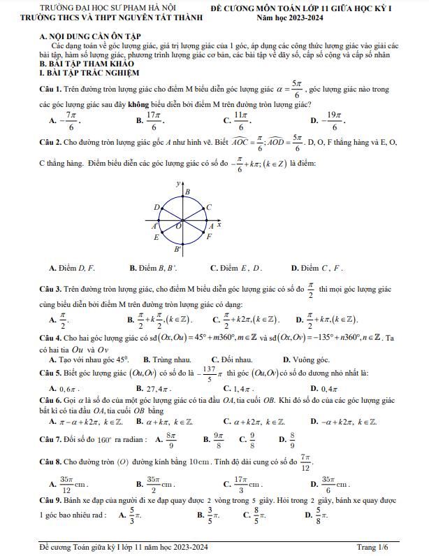 Đề cương Toán 11 giữa kỳ 1 năm 2023 – 2024 trường Nguyễn Tất Thành – Hà Nội