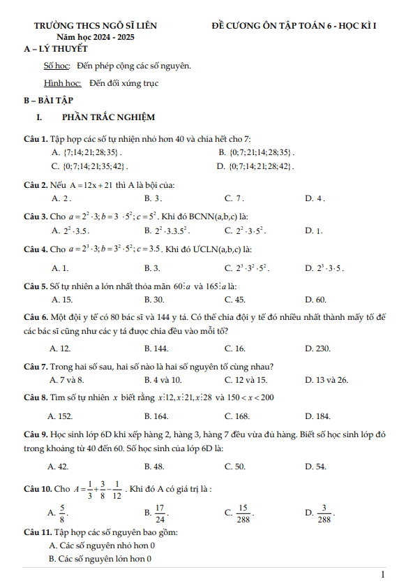 Đề cương Toán 6 học kì 1 năm 2024 – 2025 trường THCS Ngô Sĩ Liên – Hà Nội