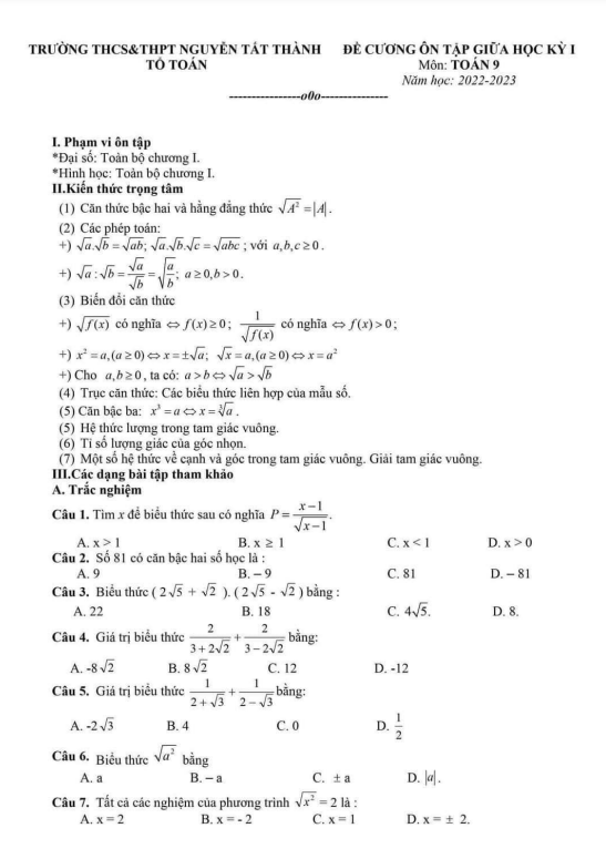 Đề cương Toán 9 giữa kỳ 1 năm 2022 – 2023 trường Nguyễn Tất Thành – Hà Nội