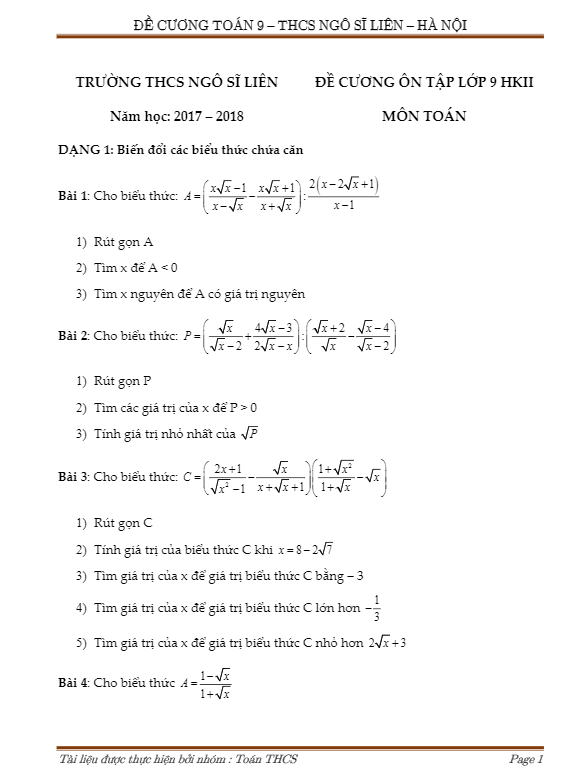 Đề cương Toán 9 HK2 năm học 2017 – 2018 trường THCS Ngô Sĩ Liên – Hà Nội