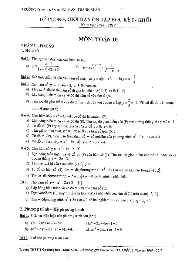 Đề cương và giới hạn ôn tập HK1 Toán 10 năm 2018 – 2019 trường Trần Hưng Đạo – Hà Nội