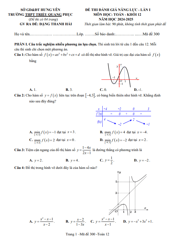 Đề đánh giá Toán 12 lần 1 năm 2024 – 2025 trường THPT Triệu Quang Phục – Hưng Yên