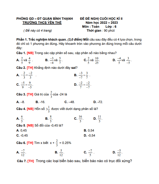 Đề đề nghị cuối kì 2 Toán 6 năm 2022 – 2023 trường THCS Yên Thế – TP HCM