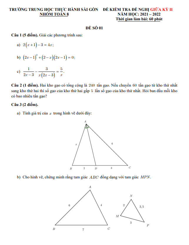 Đề đề nghị giữa kỳ 2 Toán 8 năm 2021 – 2022 trường Thực hành Sài Gòn – TP HCM