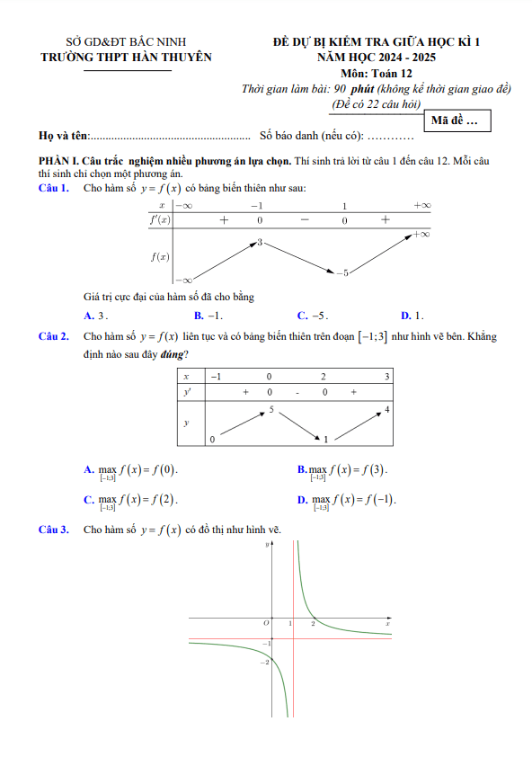 Đề dự bị giữa kì 1 Toán 12 năm 2024 – 2025 trường THPT Hàn Thuyên – Bắc Ninh
