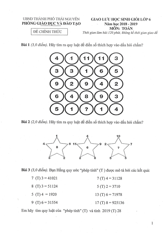 Đề giao lưu học sinh giỏi Toán 6 năm 2018 – 2019 phòng GD&ĐT thành phố Thái Nguyên