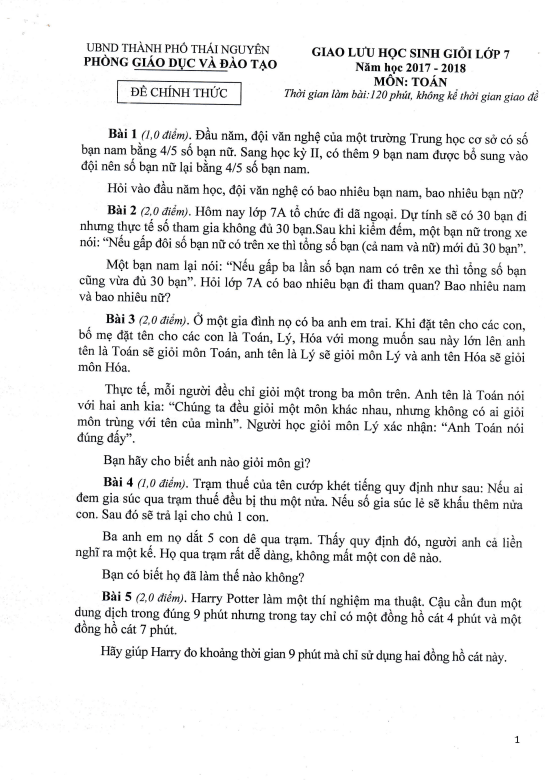 Đề giao lưu học sinh giỏi Toán 7 năm 2017 – 2018 phòng GD&ĐT thành phố Thái Nguyên