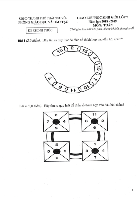 Đề giao lưu học sinh giỏi Toán 7 năm 2018 – 2019 phòng GD&ĐT thành phố Thái Nguyên