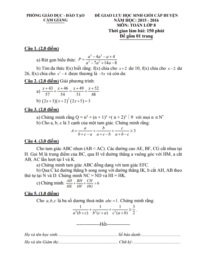 Đề giao lưu HSG huyện Toán 8 năm 2015 – 2016 phòng GD&ĐT Cẩm Giàng – Hải Dương