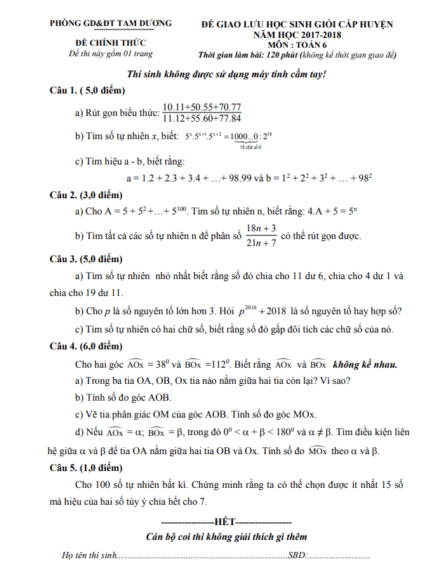 Đề giao lưu HSG Toán 6 năm 2017 – 2018 phòng GD&ĐT Tam Dương – Vĩnh Phúc