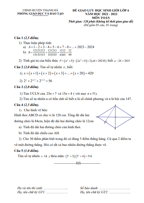 Đề giao lưu HSG Toán 6 năm 2022 – 2023 phòng GD&ĐT Thanh Hà – Hải Dương