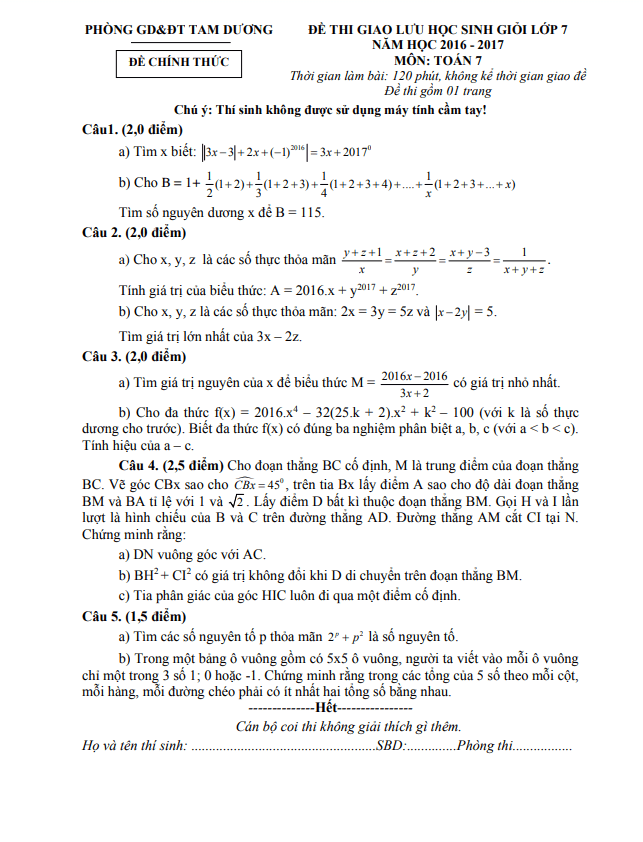 Đề giao lưu HSG Toán 7 năm 2016 – 2017 phòng GD&ĐT Tam Dương – Vĩnh Phúc