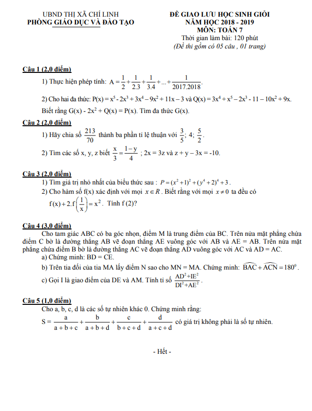 Đề giao lưu HSG Toán 7 năm 2018 – 2019 phòng GD&ĐT Chí Linh – Hải Dương
