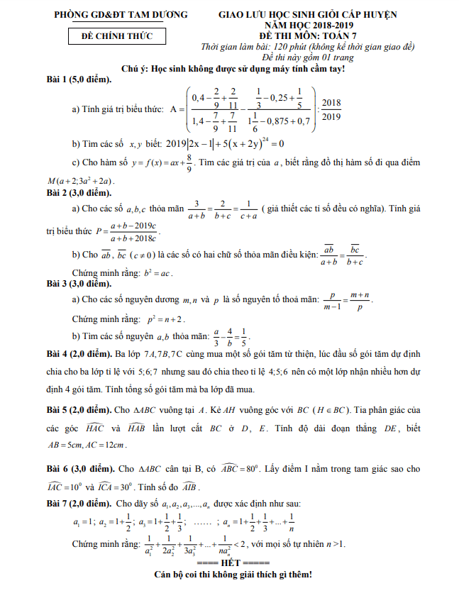 Đề giao lưu HSG Toán 7 năm 2018 – 2019 phòng GD&ĐT Tam Dương – Vĩnh Phúc