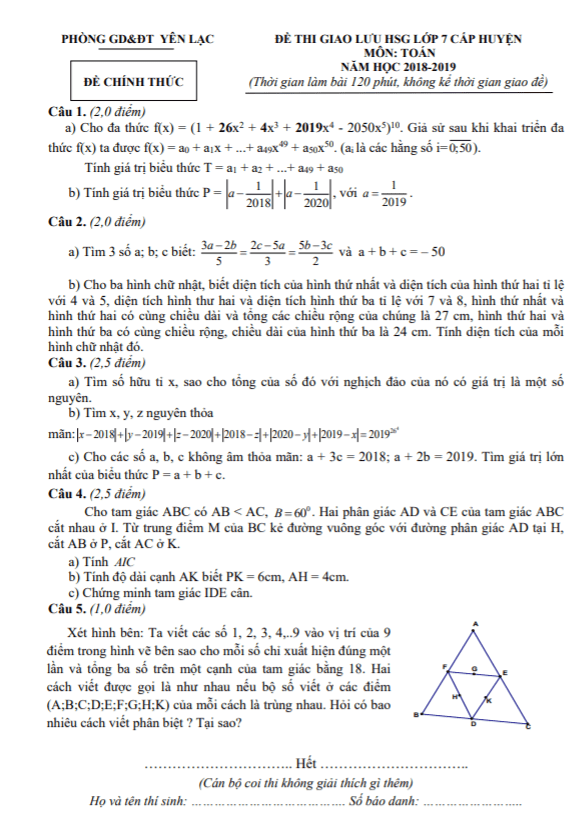 Đề giao lưu HSG Toán 7 năm 2018 – 2019 phòng GD&ĐT Yên Lạc – Vĩnh Phúc