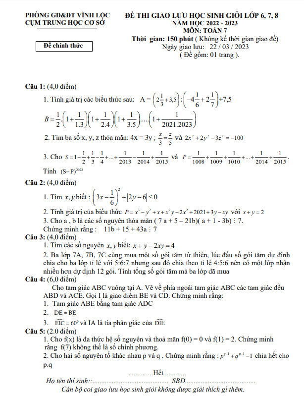 Đề giao lưu HSG Toán 7 năm 2022 – 2023 phòng GD&ĐT Vĩnh Lộc – Thanh Hóa